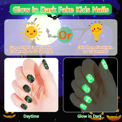 JANYUN Halloween Luminous Kids Fake Nails, 192 PcsGlowing Short Glow in Dark False Nails with Pumpkin Spider Bat for Girls Nail Art Party Decoration (Halloween Luminous)