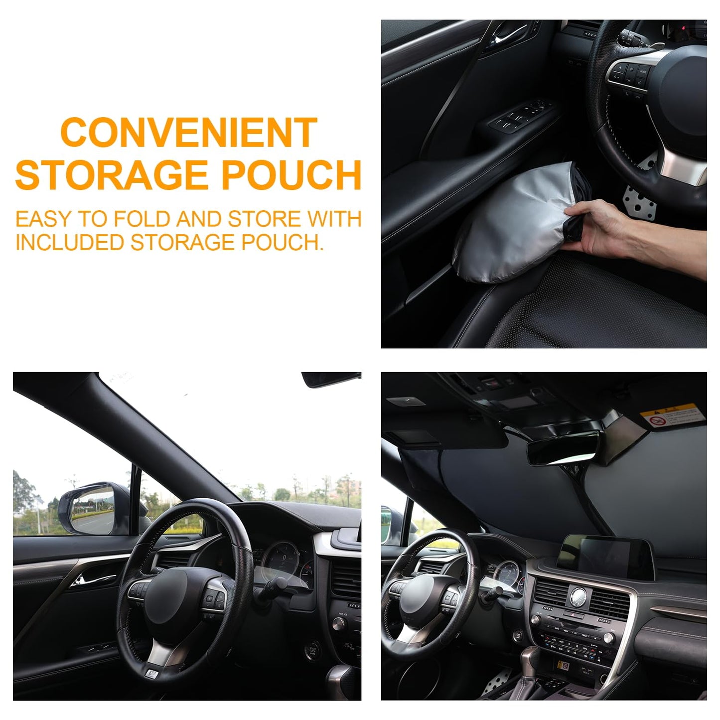 JUSTTOP Car Sun Shade Windshield - Foldable Sun Car Window Shield 210T Coated Silver Cloth Reflective Polyester Material Blocks 99% UV Rays, Fits Most Windshields(Large63 x 35 in)