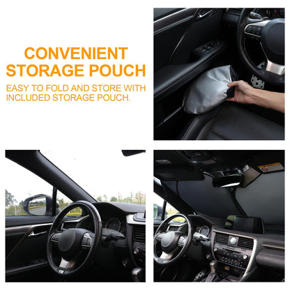 JUSTTOP Car Sun Shade Windshield - Foldable Sun Car Window Shield 210T Coated Silver Cloth Reflective Polyester Material Blocks 99% UV Rays, Fits Most Windshields(Large63 x 35 in)
