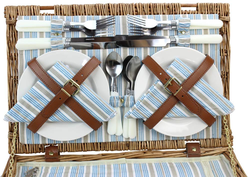 HappyPicnic Wicker Picnic Basket Set for 4 Persons | Large Willow Hamper with Large Insulated Cooler Compartment, Waterproof Blanket and Cutlery Service Kit-Classical Brown
