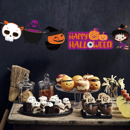 2025 Halloween Banner Party Decoration（Pre-Assembled） Cute Halloween Garland Bunting Banner Triangle Flag with Foil Swirl Ceiling Hanging Cards, Pumpkin Ghost Witches Bat Spider Skull Sticker
