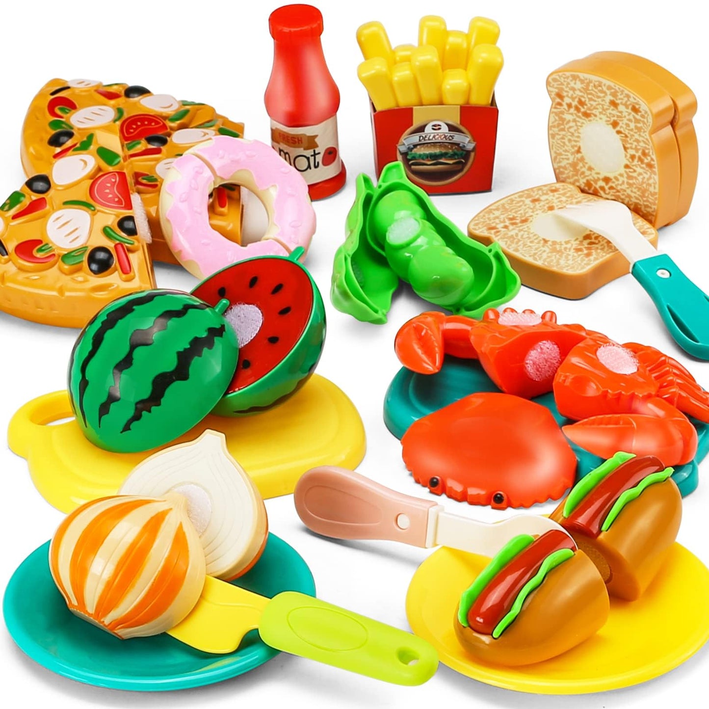 42 Items 87 Pcs Cutting Play Kitchen Set for Kids, Pretend Cooking Fruit &Vegetables&Fast Food with Storage Basket, Fake Food Toys for Toddler&Baby, Educational Gift for Girls Boys Children Birthday