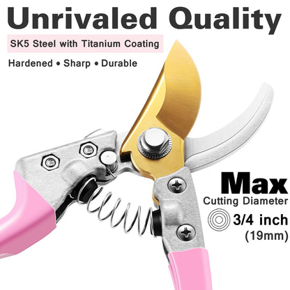 Floral Garden Tools Set,Heavy Duty Gardening Tools for Gardener,Gardening Gifts for Women,Storage Tote Bag,Sleeves,Gloves,Trowel,Transplanter,Rake,Weeder,Cultivator,Pruner,Succulent Hand Tools,Pink