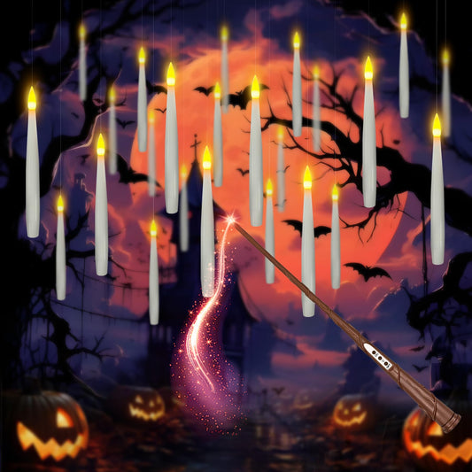 Halloween Decorations, Floating Candles with Wand 20 PCs Flameless Magic Hanging Candles, Flickering Warm Light Floating LED Candle with Remote, Battery Operated Window Taper Candle Set Birthday Gift