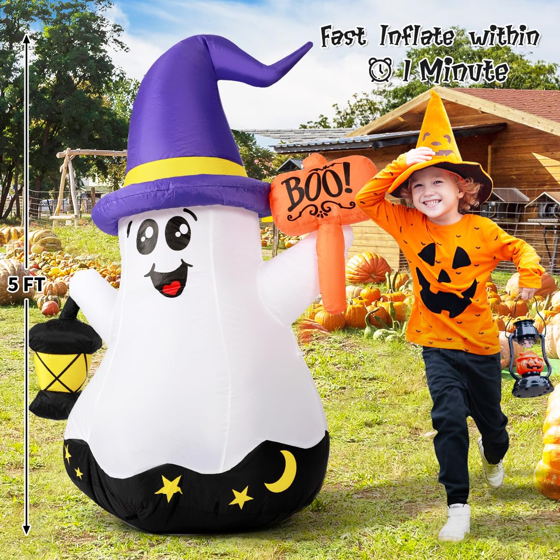 GOOSH 5 FT Halloween Inflatables Ghost Outdoor Decorations Blow Up Yard Cute Wizard Ghost with Hand-Held Light with Built-in LEDs for Garden Lawn Indoor Party Decor