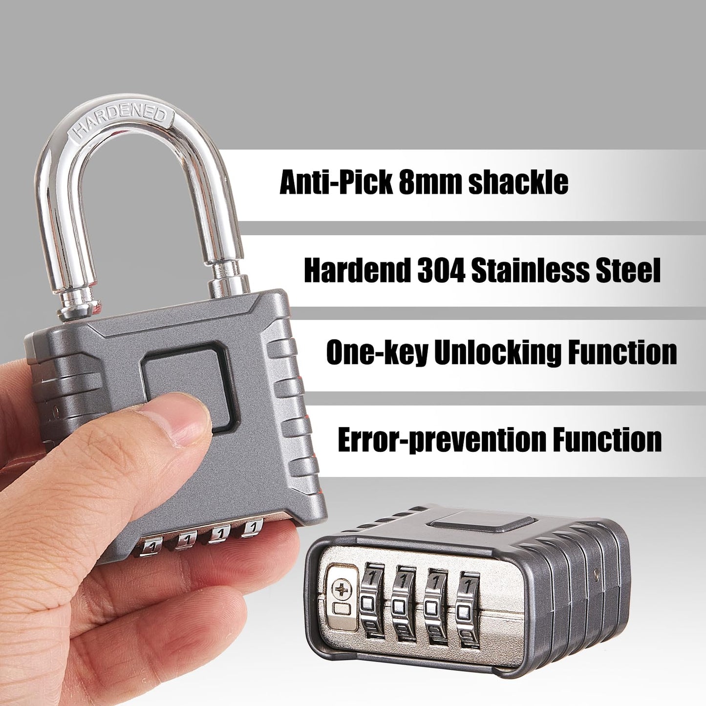 1 Pack disecu Heavy Duty 4 Digit Combination Lock, One Touch Unlocking, Anti-Error Feature, High Security Waterproof Large Outdoor Padlock for School Gym Locker, Fence, Gate, Storage Unit (Grey)