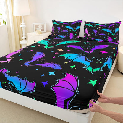 Erosebridal Halloween Bat Bedding Set King Size Glitter Stars Galaxy Bed Sheet Set for Kids Child, Cartoon Gothic Bats Fitted Sheet Halloween Decorations Teal Blue Green Purple