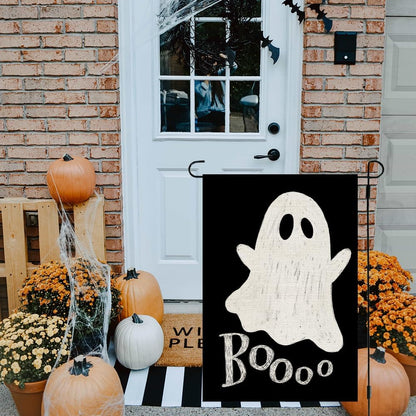 CROWNED BEAUTY Halloween Ghost Garden Flag 12x18 Inch Double Sided Small Burlap for Outside Boo Black Holiday Yard Decoration CF1079-12