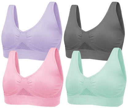 4-Pack Women's Seamless Wireless Cooling Unpadded Comfort Bra (Blue Glass, Lady Pink, Purple Heather, Neutral Gray, X-Large)