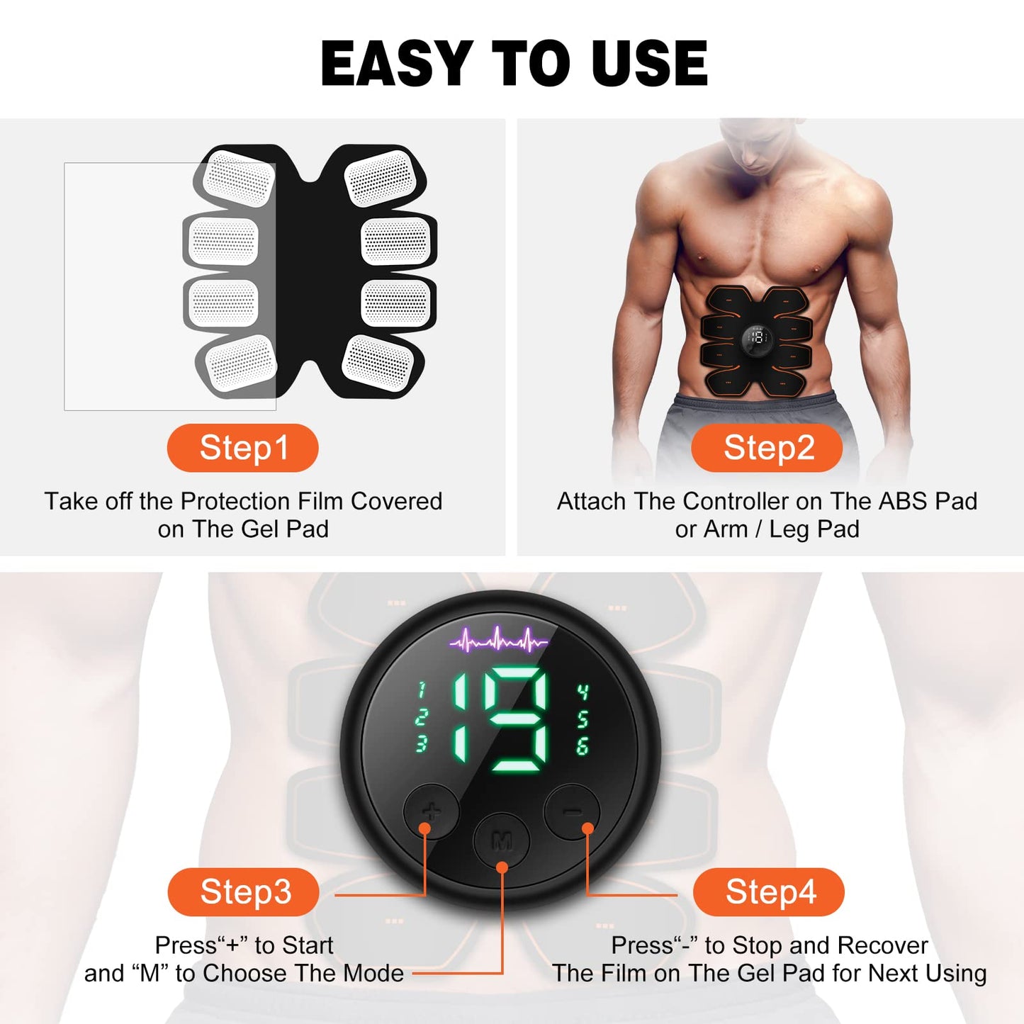 Grexemin ABS Stimulator Workout Equipment, Ab Machine USB Rechargeable Gear for Abdomen/Arm/Leg, Strength Training Equipment for Men and Women