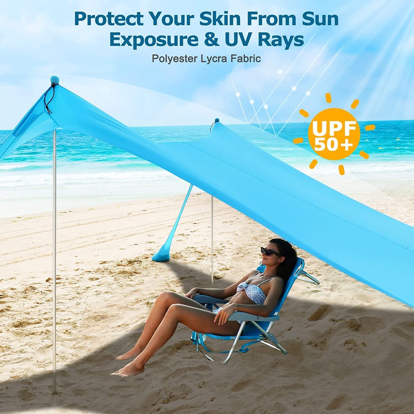 COMMOUDS Beach Tent Sun Shelter - UPF50+ Pop Up Beach Canopy with Sandbags & Sand Shovel & Windproof Poles, Portable Sun Shade for Beach, Camping, Picnics, Backyard (7x7FT)