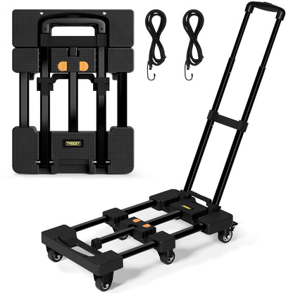 Folding Hand Truck, Dolly Cart with 6 Wheels (2 with Brake) & 2 Elastic Straps, 500 LB Heavy-Duty Trolly Cart for Moving, Luggage, Car Seat, Garden Plant, Camping,26" Max Extendable Plate,Black