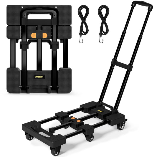 Folding Hand Truck, Dolly Cart with 6 Wheels (2 with Brake) & 2 Elastic Straps, 500 LB Heavy-Duty Trolly Cart for Moving, Luggage, Car Seat, Garden Plant, Camping,26" Max Extendable Plate,Black