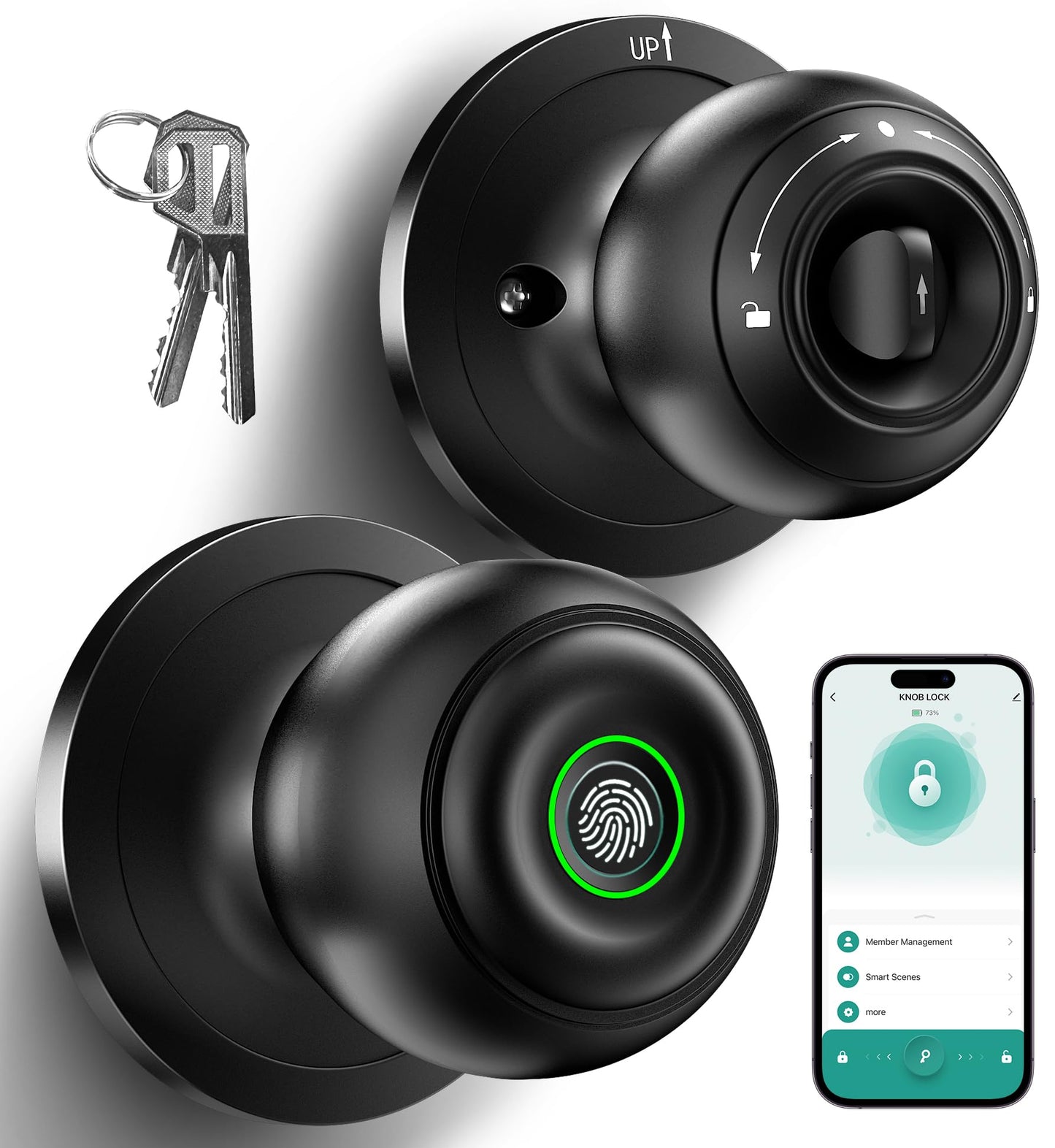 KLLOQUE Fingerprint Door Lock, Smart Fingerprint Door Knob with Lock, Biometric Door Locks with App Control & Key, Keyless Thumbprint Entry Door Locks for Bedroom, Front Door, Home, Apartment-Black