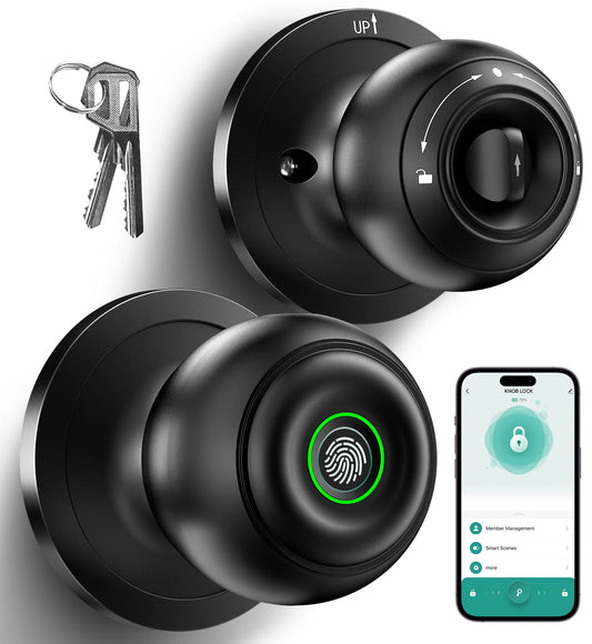 KLLOQUE Fingerprint Door Lock, Smart Fingerprint Door Knob with Lock, Biometric Door Locks with App Control & Key, Keyless Thumbprint Entry Door Locks for Bedroom, Front Door, Home, Apartment-Black