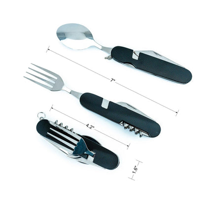 6-in-1 Multi-Function Camping Utensil Flatware Set Detachable Spoon Fork Knife Combo Mess Kit with Carrying Pouch (Black + Gold + Green)