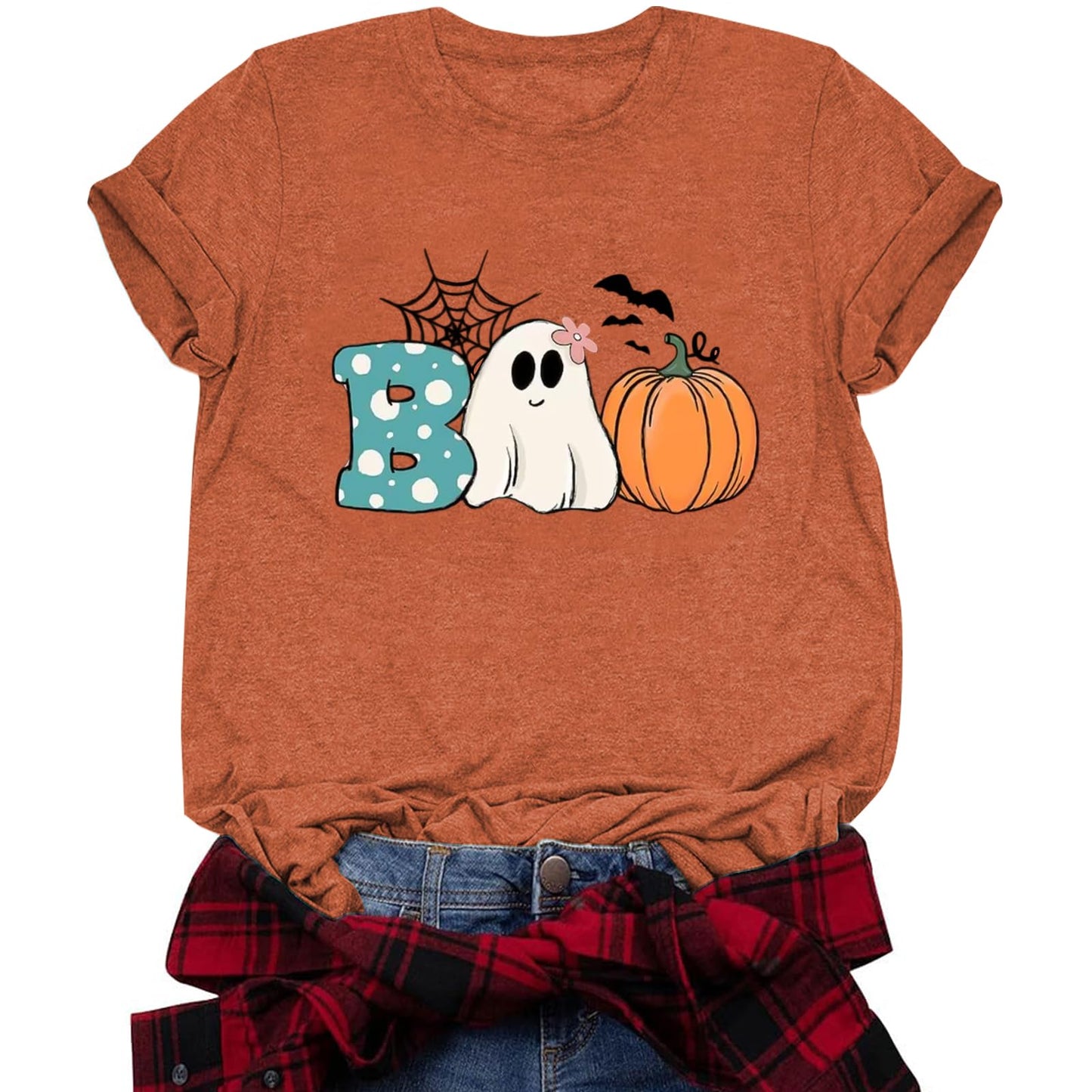 Funny Halloween Shirts for Women Cute Boo Ghost Cobweb Pumpkin Graphic Tee Shirt