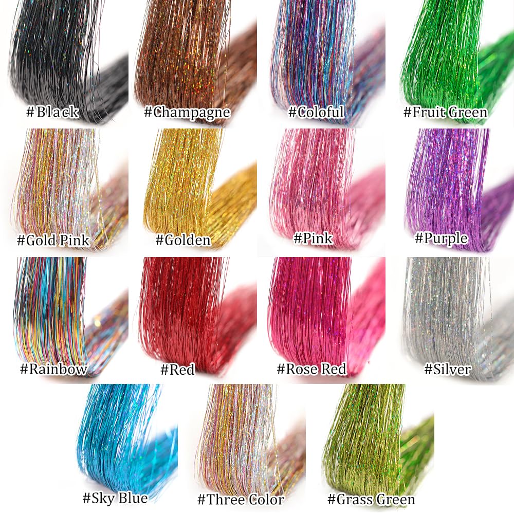 Hair Tinsel 12Pcs Clip in Rainbow Hair Accessories 20.5 Inch Fairy Hair Tinsel Kit for Women Girls Kids Glitter Extensions for Christmas Halloween New Year Party (Rainbow)