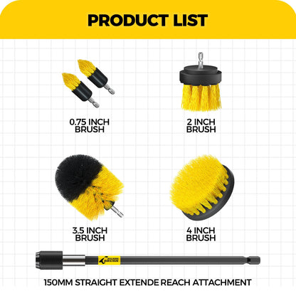 Holikme 6Pack Drill Brush Power Scrubber Cleaning Brush Extended Long Attachment Set All Purpose Drill Scrub Brushes Kit for Grout, Floor, Tub, Shower, Tile, Bathroom and Kitchen Surface，Yellow