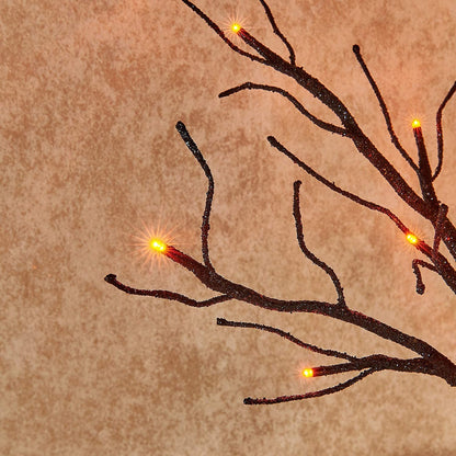 Hairui Lighted Tabletop Black Glittered Spooky Tree with Orange Lights 24 LED 18 Inches for Halloween Witch Decoration Battery Operated or USB Plug in Indoor Use