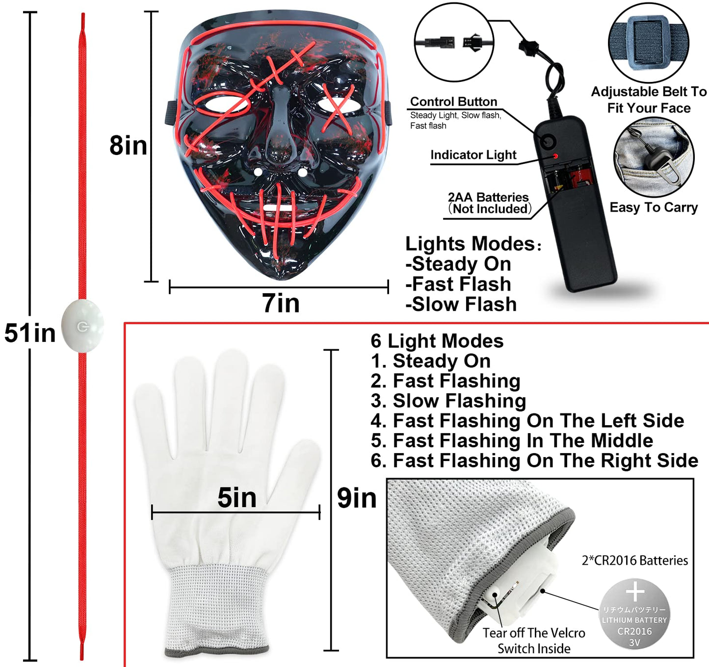3 Set Halloween LED Mask Light Up Gloves and Glow Shoelaces Scary Mask Halloween Costume Cosplay Party for Adults