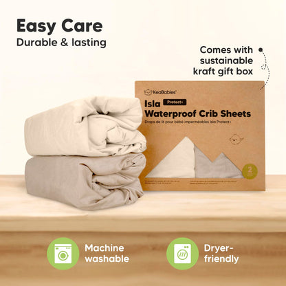 2-Pack Waterproof Baby Crib Sheets for Boys, Girls - 52x28 Viscose Derived from Bamboo Toddler Bed Sheet Neutral, Fitted Crib Mattress Protector Cover for Baby Bedding, Soft & Gentle (Ecru)