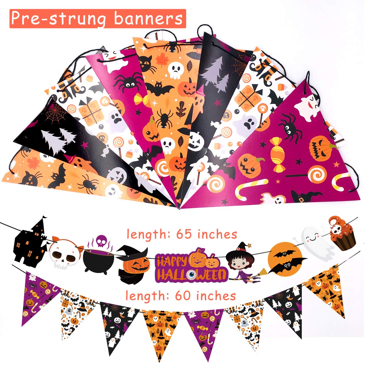 2025 Halloween Banner Party Decoration（Pre-Assembled） Cute Halloween Garland Bunting Banner Triangle Flag with Foil Swirl Ceiling Hanging Cards, Pumpkin Ghost Witches Bat Spider Skull Sticker