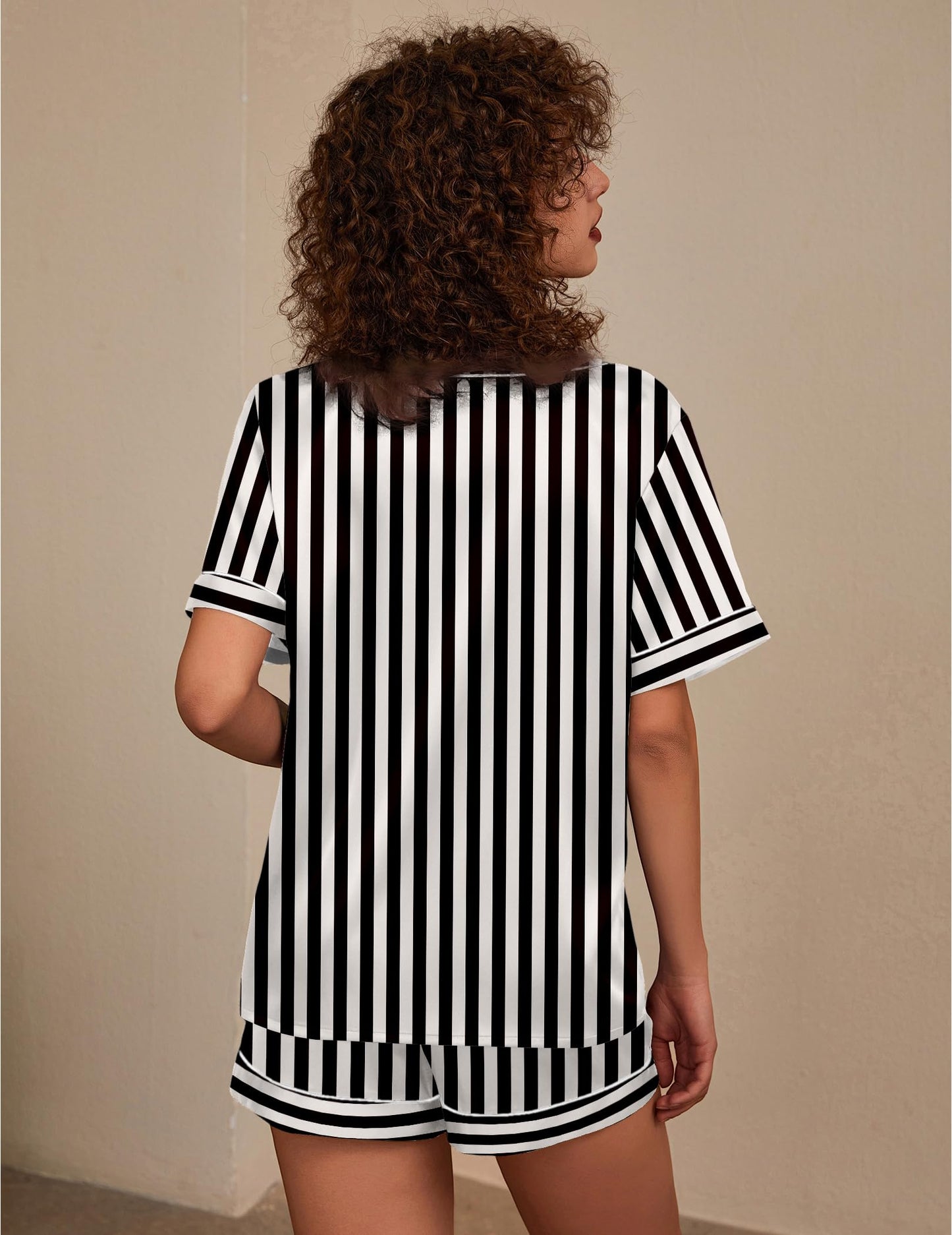 Ekouaer Silk Pajama for Women Short Sleeve Satin Pj Set Two Piece Soft Sleepwear Loungewear Casual Pjs for Summer Black-Champagne Stripes L