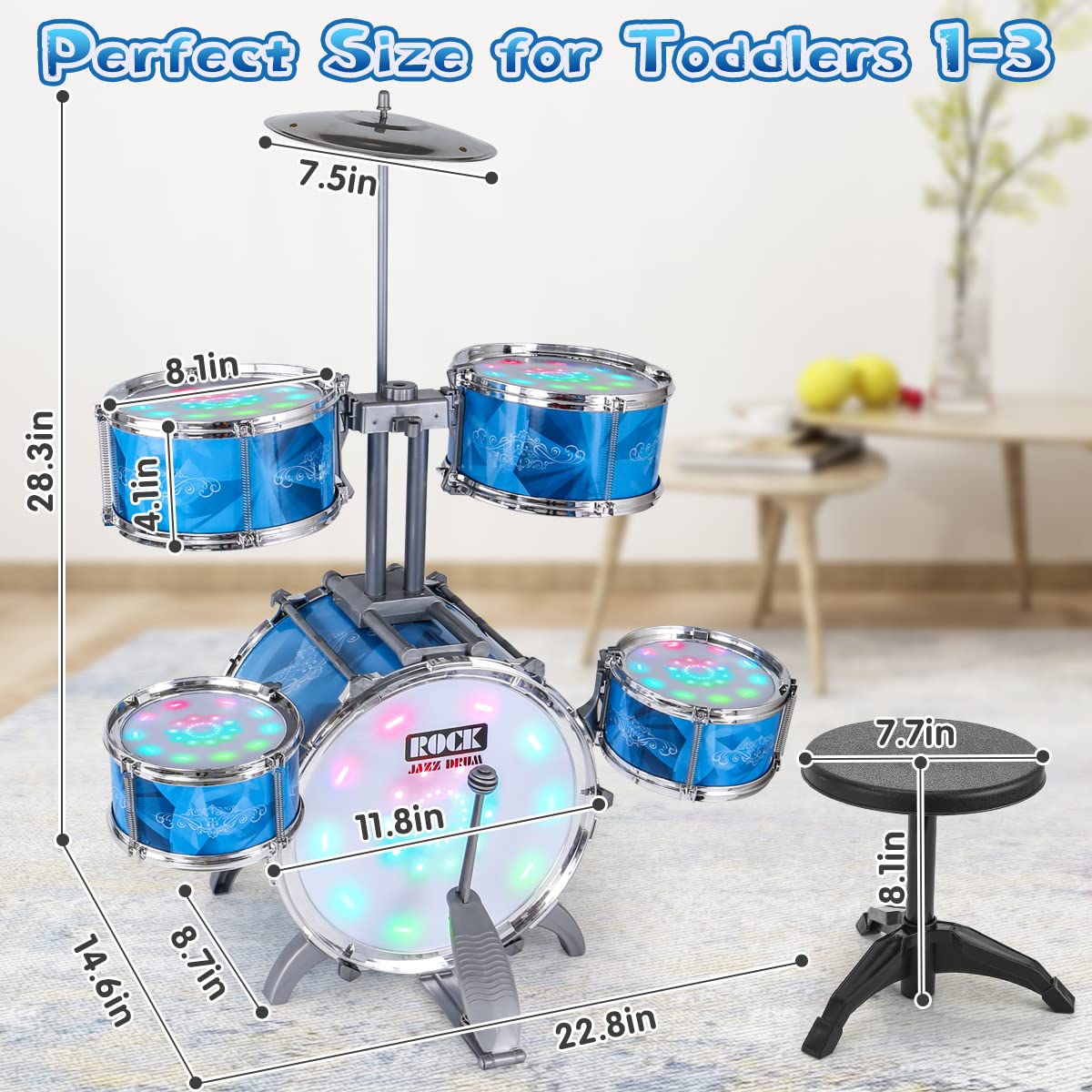 Kids Drum Set for Toddlers with 5 Jazz Drum Kit & Lights (Vibrating-Controlled) & Alloy, Musical Instruments Toys, Boys Gifts for Aged 1-3 3-5