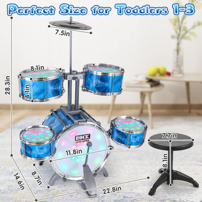 Kids Drum Set for Toddlers with 5 Jazz Drum Kit & Lights (Vibrating-Controlled) & Alloy, Musical Instruments Toys, Boys Gifts for Aged 1-3 3-5