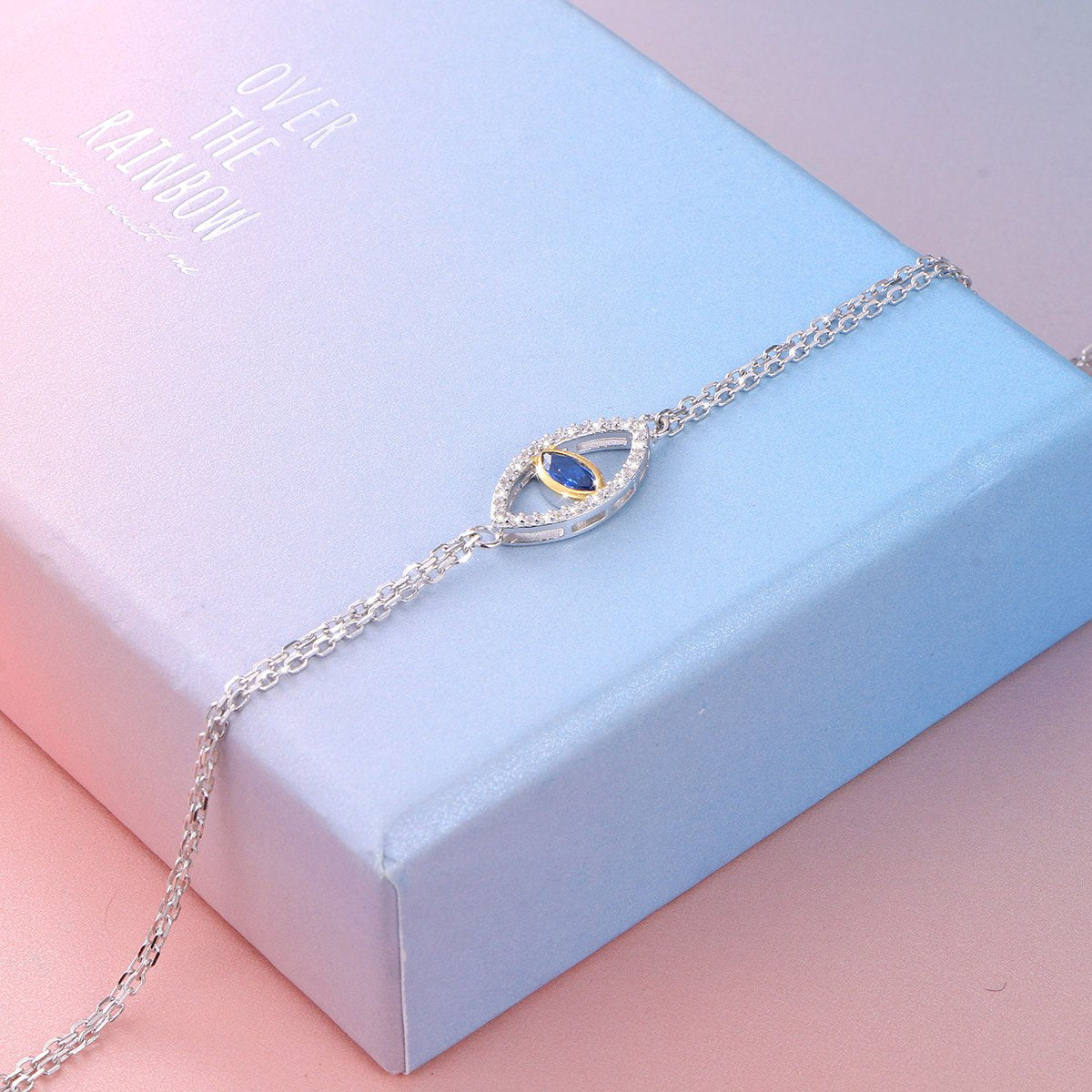 DAOCHONG 925 Sterling Silver Double Strand Cubic Zirconia Evil Eye Bracelet Protection Jewelry For Women (Blue)