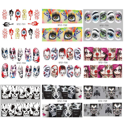 Halloween Nail Stickers - 24 Sheets Day of The Dead Water Transfer Nail Decals Ghost Spider Face Web Witch Skeleton Nail Art Stickers Wraps Manicure Tips Strips Decoration for Halloween Party Supply