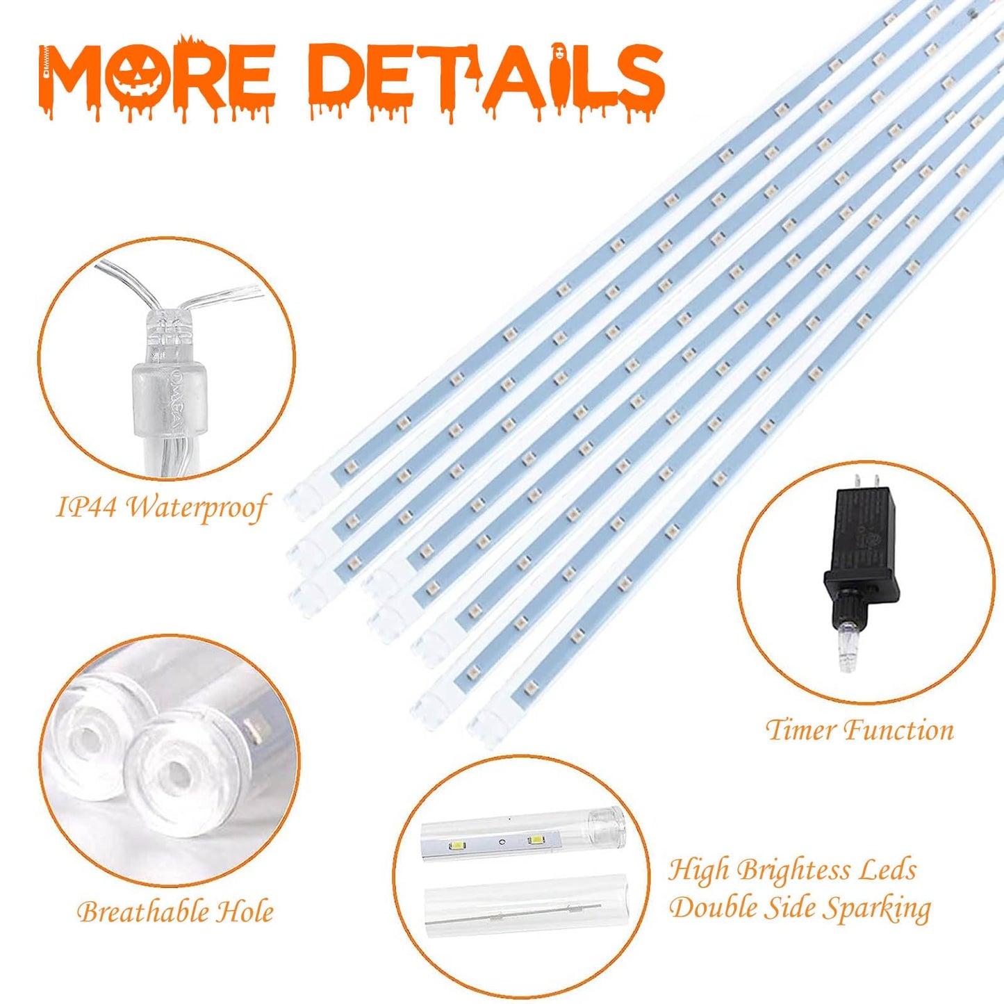 Halloween Lights Outdoor, 2 Pack Extendable Meteor Shower Lights Outdoor Waterproof with Timer, Total 384 LED 30cm 16 Tubes Cascading String Light Plug in for Halloween Yard Party (Orange and Purple)