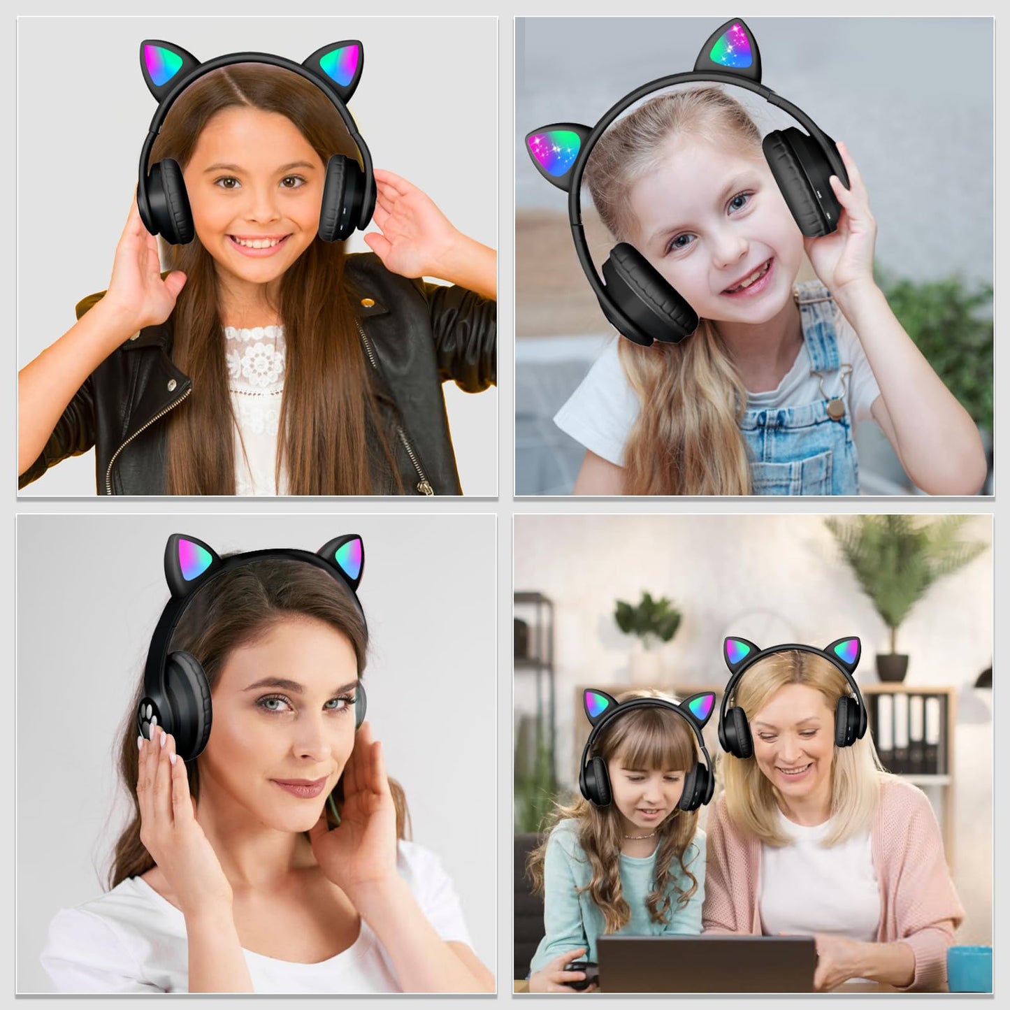 KERHAND Bluetooth Noise Cancelling Headphones for Kids,Foldable Cat Headphone with LED Light Up Ear,Cat Ear Headphones for Toddler with Microphone/TF Card,Kids Bluetooth Headphones for ipad