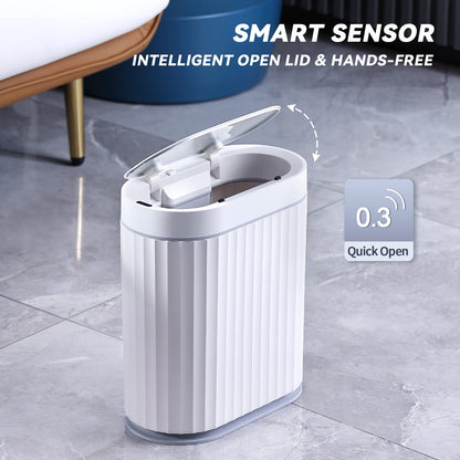 ELPHECO Bathroom Motion Sensor Trash can 2 Gallon Automatic Garbage Can, Slim Plastic Smart Trash Can with Lid, Commercial Intelligent Trash Bin for Bedroom, Bathroom, Office, White with Grey Trim