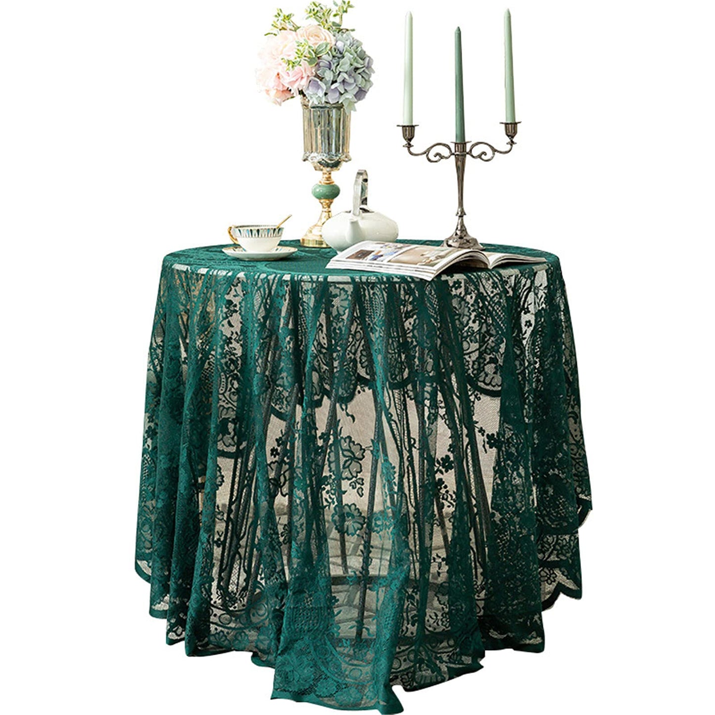 Green Lace Tablecloth Embroidered Elegant Floral Patterns Table Cloth Round Overlay Table Cover for Wedding Party Holiday Long Dinner Home Decor(Round-60, Green)