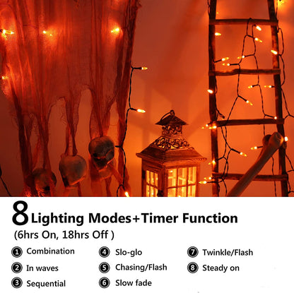 Joomer Orange Halloween Lights, 33ft 100 LED Battery Operated Mini String Lights Waterproof with 8 Modes & Timer Function for Halloween Decorations