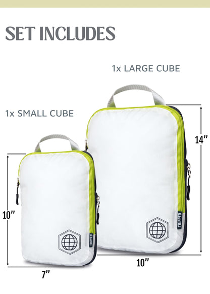 Compression Packing Cubes 2 Piece Set for Travel - Lightweight, Durable Clothes Organizer for Carry-On Luggage and Backpacks by TRIPPED Travel Gear (White and Green)