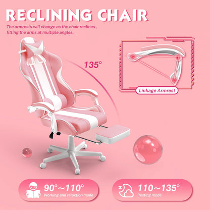 Ferghana Kawaii Pink Gaming Chair with Bunny Ears, Ergonomic Cute Gamer Chair with Footrest and Massage, Racing Reclining Leather Office Computer Game Chair 250lbs for Girls Adults Teens Kids