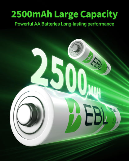 EBL AA Rechargeable Batteries 1.2V 2500mAh High Performance Pre-Charged AA Batteries - 4 Pack