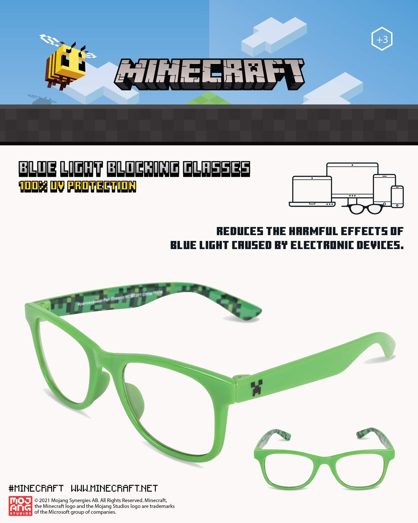 Minecraft Blue Light Blocking Glasses for Kids with Case Boys Computer Video Gaming Glasses Age 2-10 Eyewear Protection (Green/Black)