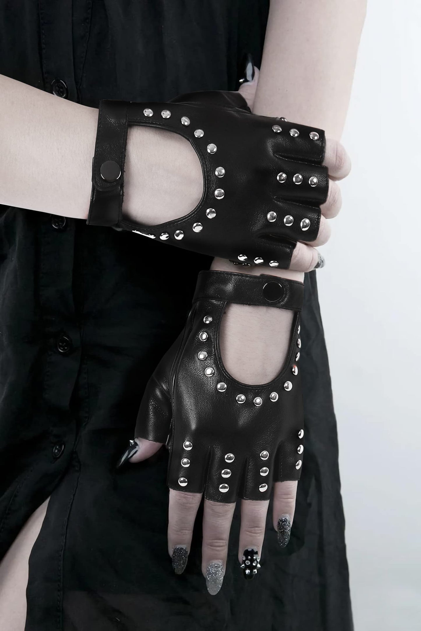 FLORVIV Black Fingerless Gloves PU Faux Leather Goth Cosplay Costume Punk Halloween Performance for Women