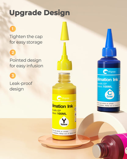 Hiipoo Sublimation Ink Refilled Bottles with Heat Tape Refill for ET2400 XP4105 XP4100 ET2720 ET2760 ET2750 ET4800 ET-2800 ET-2803 ET-2850 Inkjet Printers Heat Press Transfer on Mugs T-Shirts（BCMY）