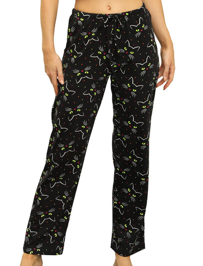 ENJOYNIGHT Women Cotton Lounge Pants Comfy Pajama Bottoms With Pockets&Drawstring(Black Cat,X-Large)