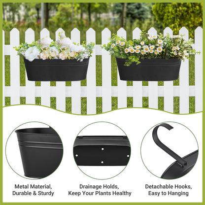 Dahey 3 Pcs Metal Hanging Flower Pots for Railing Fence Outdoor Planter 15.7 Inch Hanging Bucket Pots Countryside Window Flower Plant Holder with Detachable Hooks for Garden Yard Home Decor,Black