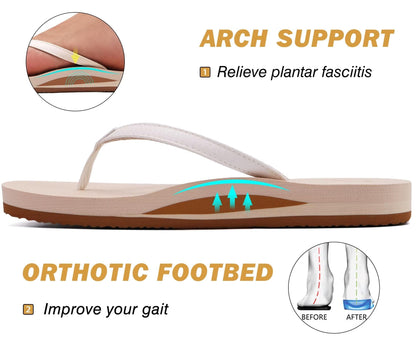 KuaiLu Womens Arch Support Flip Flops Comfortable Yoga Mat Slip on Leather Walking Thong Cushion Sandals Summer Beach Orthotic Slides Travel Essentials Indoor Outdoor Slippers Shoes Beige Size 5