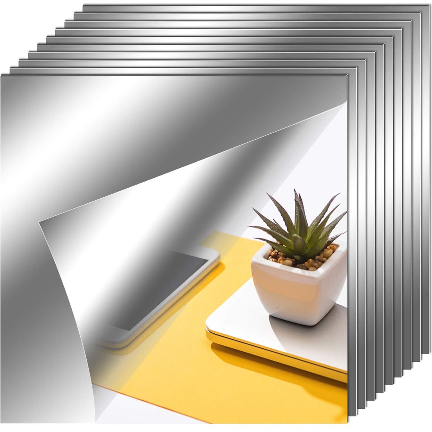 Flexible Mirror Sheets Self Adhesive Non Glass Mirror Tiles Stickers for Home Wall Decor(10 Pieces,6 x 6 Inches)