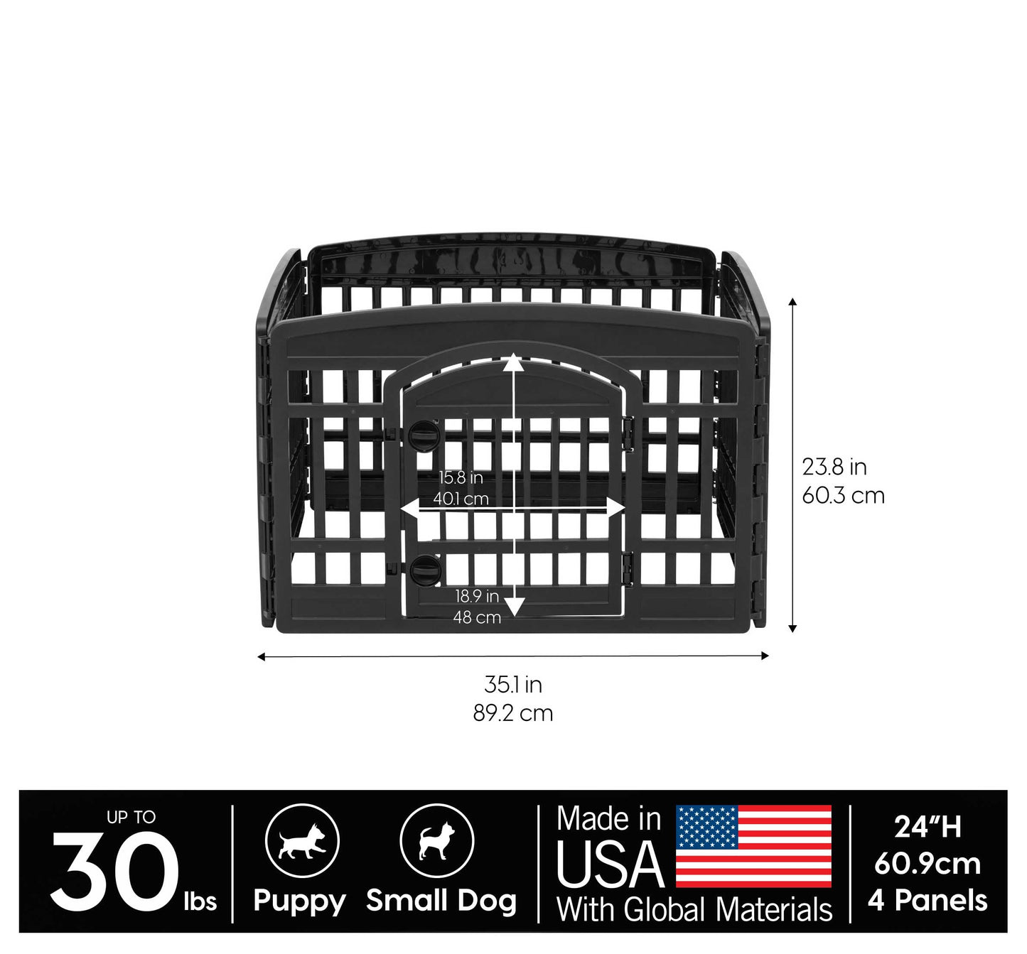 IRIS USA 24" 4-Panel Dog Playpen with Door, 35 x 35 x 24, Puppy Playpen, Dog Play Pen Indoors, Pet Fence, Puppies/Small Dogs, Black