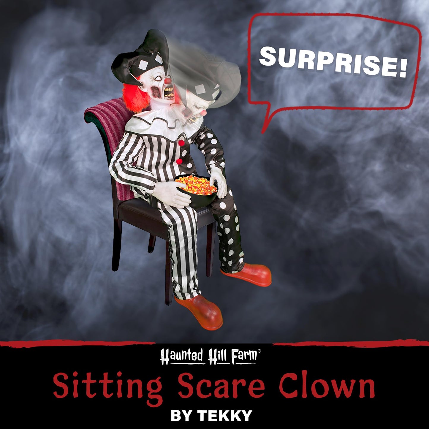 Haunted Hill Farm Hartley The Sitting Scare Clown by Tekky, Motion-Activated Talking Jump-Scare Halloween Animatronic for Halloween Party Prank Decoration, Plug-in or Battery Operated Halloween Props