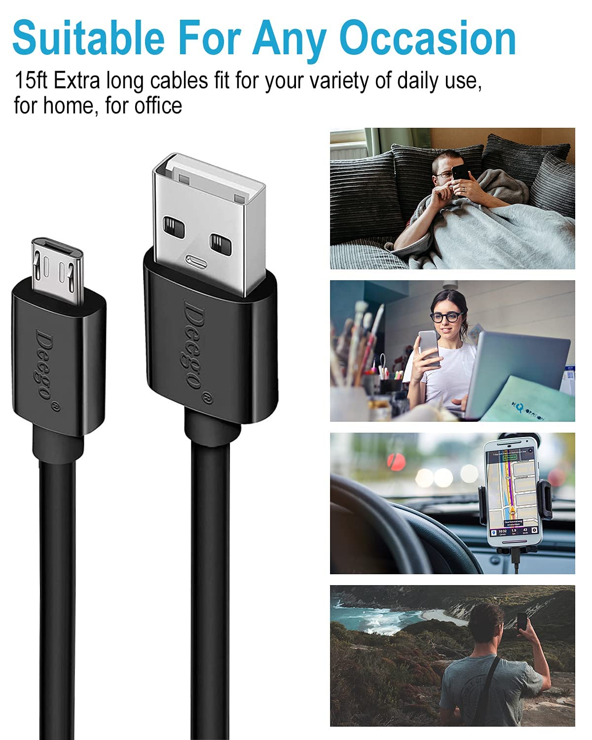 DEEGO Micro USB Cable, 15Ft Extra Long Controller Charger Compatible with PS4, PlayStation 4, Charger Cord Fast Android USB Charging Cable, Black